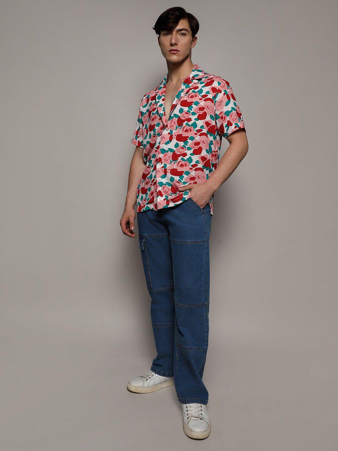 campus sutra white & red classic floral printed cuban collar casual shirt