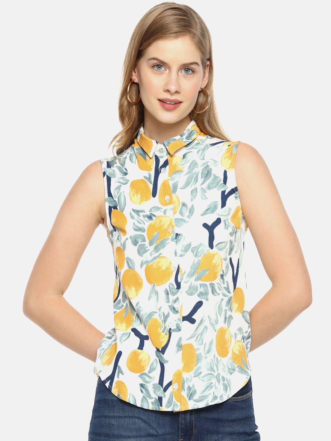 campus sutra white & yellow floral shirt style cotton top