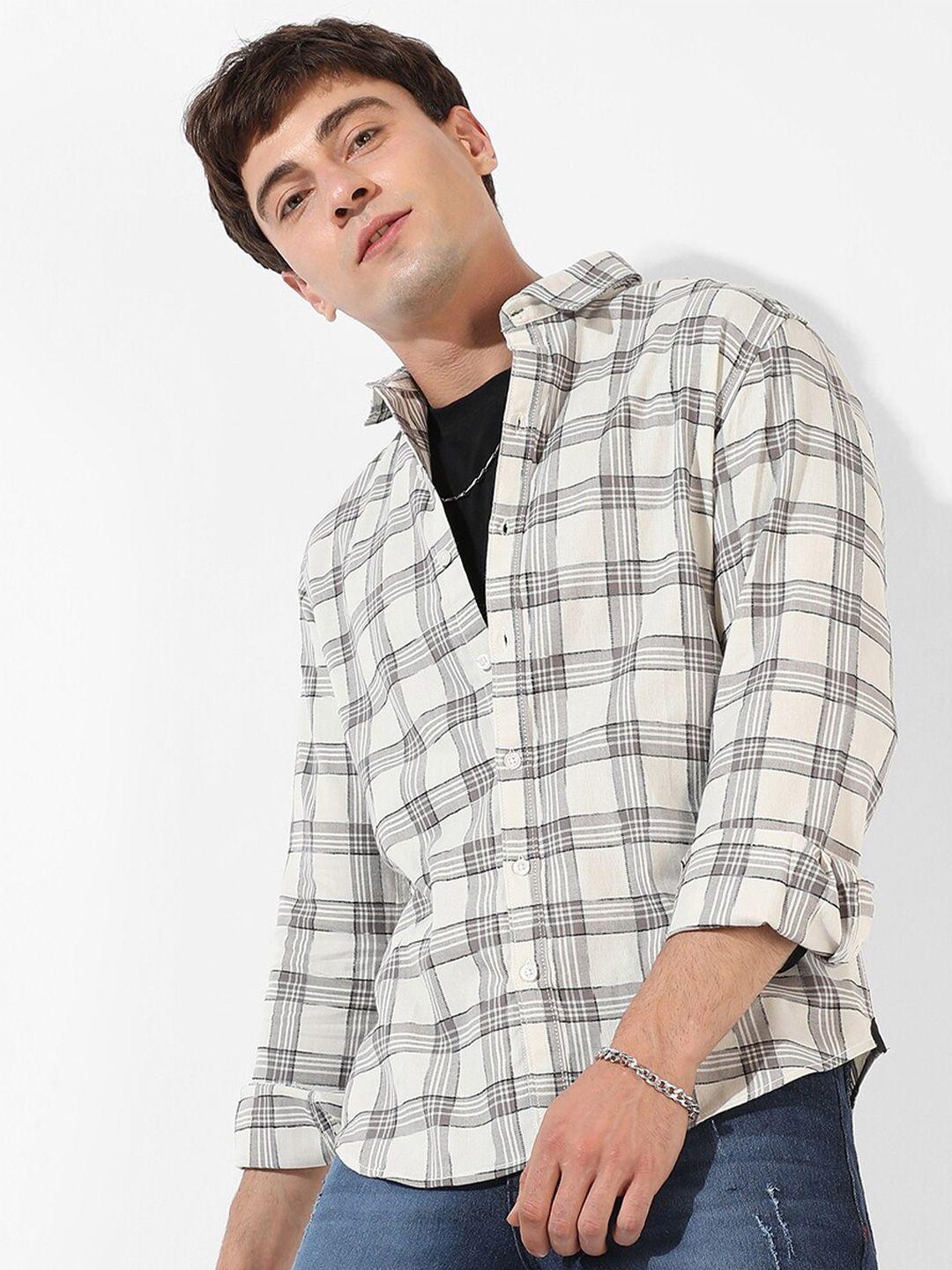 campus sutra white classic checked cotton casual shirt