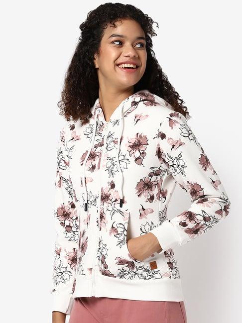 campus sutra white cotton floral print hoodie