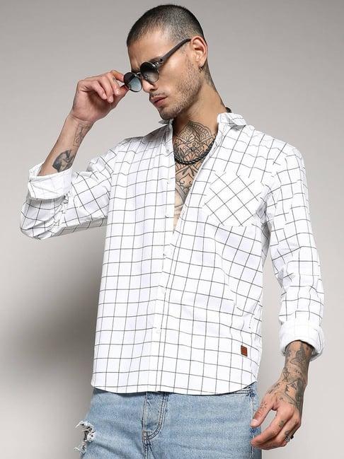 campus sutra white cotton regular fit checks shirt