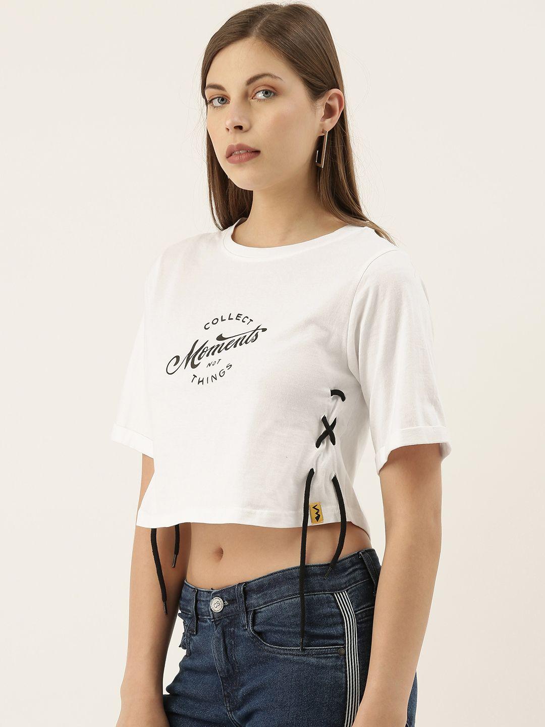 campus sutra white printed crop top