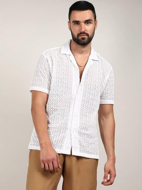 campus sutra white regular fit embroidered shirt