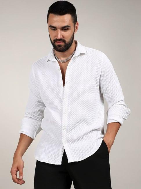 campus sutra white regular fit texture shirt