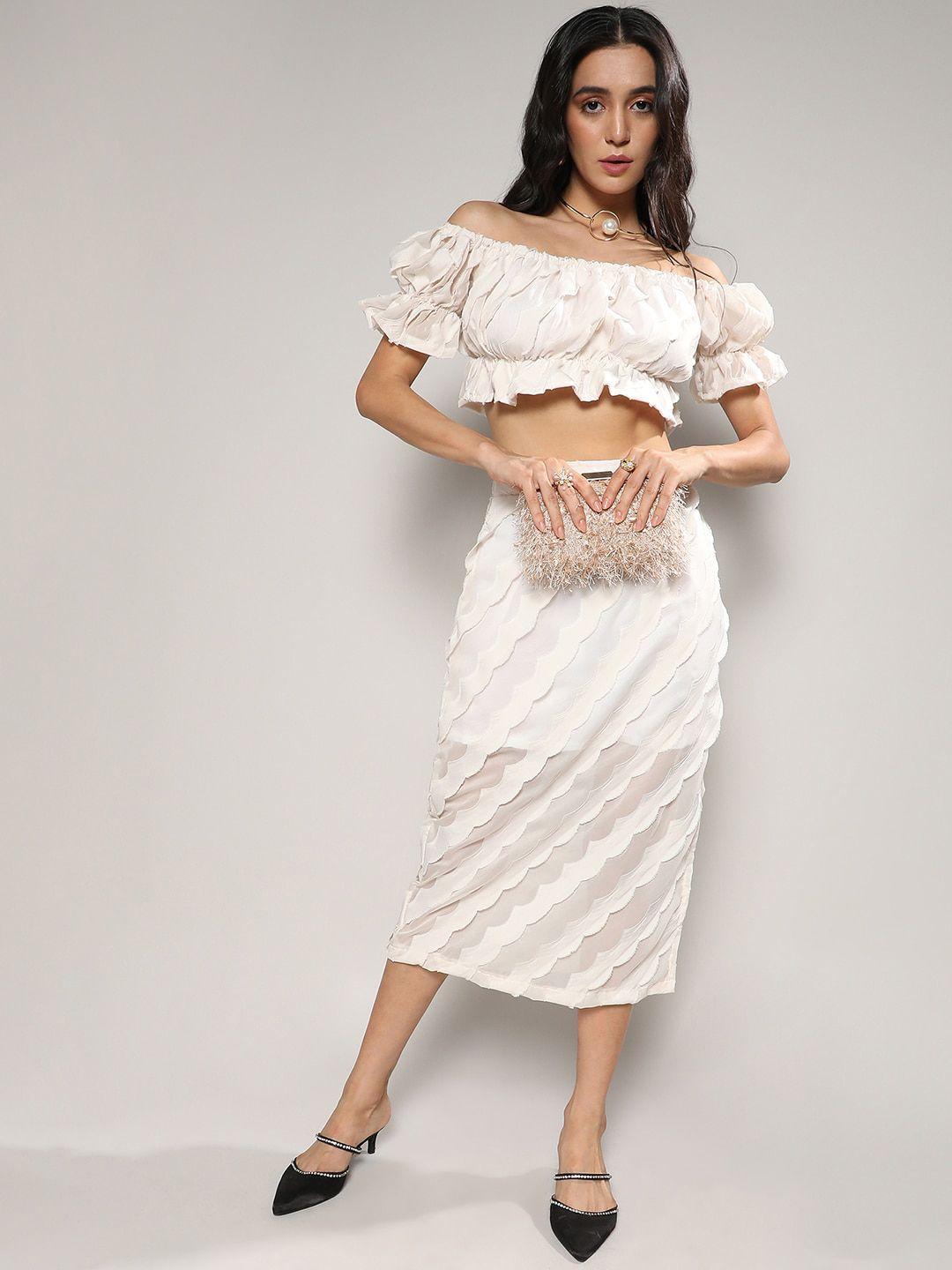 campus sutra white self-design crop top with midi skirt