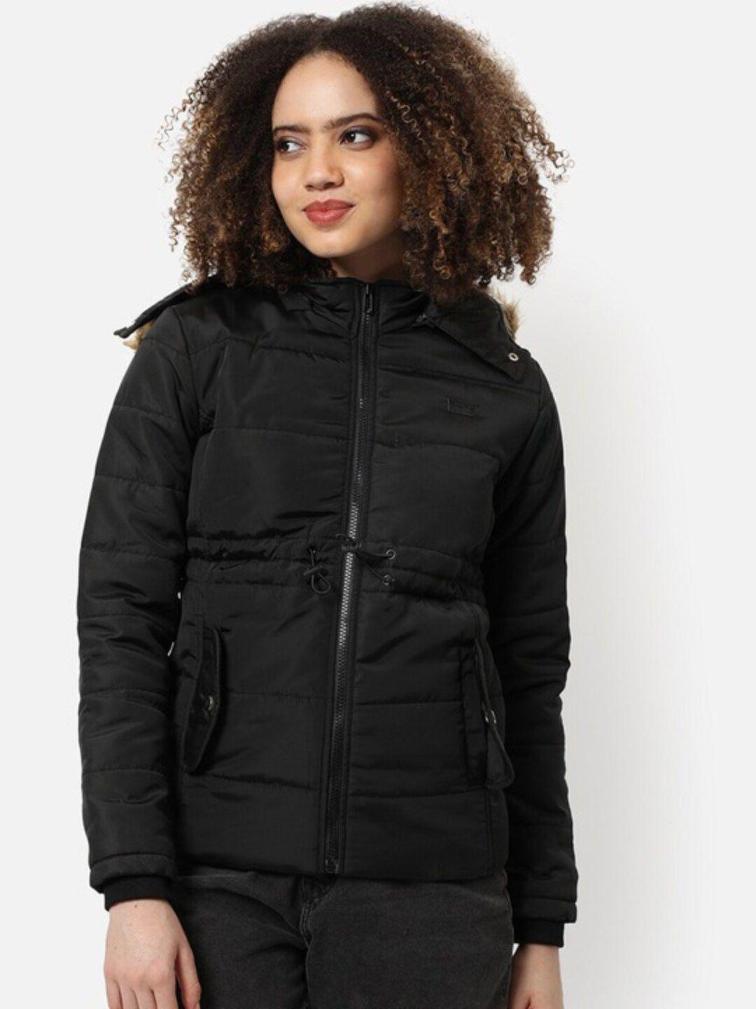 campus sutra windcheater puffer jacket with detachable fur hood