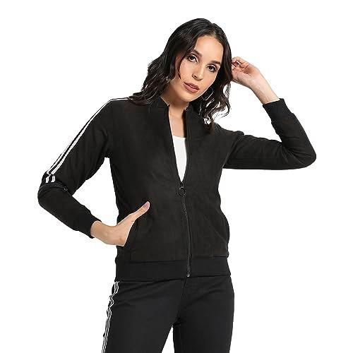 campus sutra women's black zip-front bomber jacket with contrast stripe sleeve for casual wear | low-high neck | long sleeve | zipper closure | suede jacket crafted with comfort fit for everyday wear