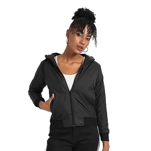 campus sutra women's black zip-front jacket with ribbed hem for casual wear | hooded neck | long sleeve | zipper closure | polyester jacket crafted with comfort fit for everyday wear