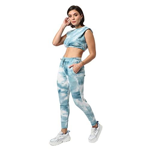 campus sutra women's blue tie-dye regular fit cropped co-ords for winter wear | sleeveless | leggings | ribbed co-ords | casual co-ords for woman | stylish co-ords for women