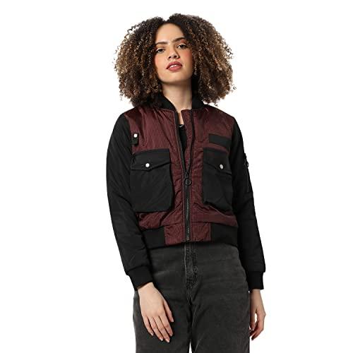 campus sutra women's brown & black with pockets puffer regular fit bomber jacket for winter wear | standing collar | full sleeve | zipper | casual jacket for woman & girl | stylish jacket for women