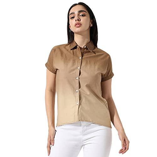 campus sutra women's brown ombre button up regular fit shirt for casual wear | spread collar | short sleeves | cotton shirt crafted with regular sleeve & comfort fit for everyday wear