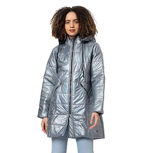 campus sutra women's grey vinyl puffer regular fit bomber jacket for winter wear | standing collar | full sleeve | zipper | casual jacket for woman & girl | western stylish jacket for women