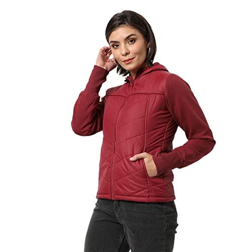 campus sutra women's maroon puffer regular fit bomber jacket for winter wear | standing collar | full sleeve | zipper | casual jacket for woman & girl | western stylish jacket for women