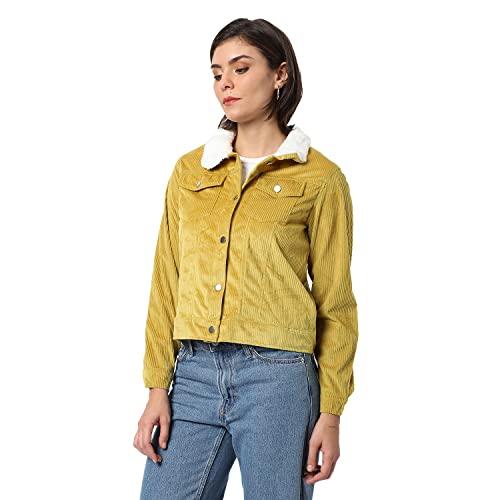 campus sutra women's mustard corduroy regular fit utility jacket for winter wear | collared neck | full sleeve | buttoned | casual jacket for woman & girl | western stylish jacket for women