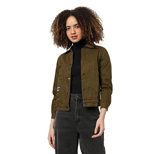 campus sutra women's olive green regular fit denim jacket for winter wear | collared neck | full sleeve | buttoned | casual jacket for woman & girl | western stylish jacket for women