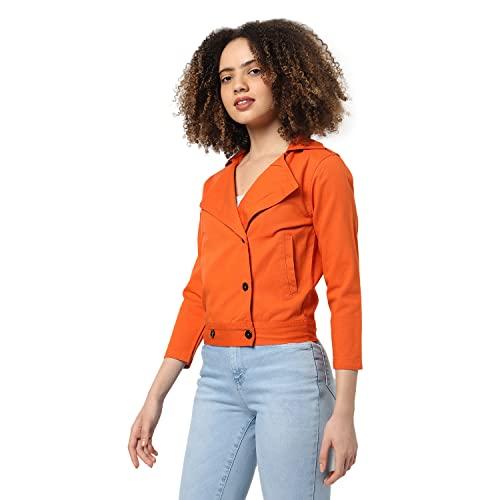 campus sutra women's orange regular fit denim jacket for winter wear | collared neck | full sleeve | buttoned | casual jacket for woman & girl | western stylish jacket for women