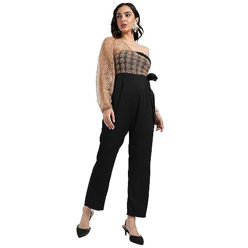 campus sutra women's pink self-design jumpsuit with tie-up details for casual wear | one-shoulder neck | long sleeve | tie-up closure | jumpsuit crafted with comfort fit for everyday wear (size:m)