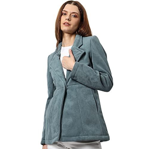 campus sutra women's prussian blue structured single-breasted blazer for casual wear | lapel collar | long sleeve | button closure | velvet blazer crafted with comfort fit for everyday wear