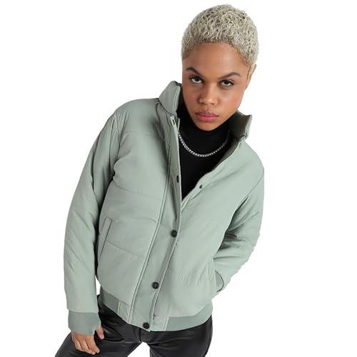 campus sutra women's sage green quilted bomber jacket with ribbed hem for casual wear | high neck | long sleeve | polyester jacket crafted with comfort fit for everyday wear (size-m)