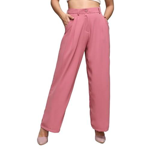 campus sutra women's salmon pink straight fit tailored trousers for casual wear | 2 pockets | regular fit | button closure | pants crafted with comfort fit for everyday wear