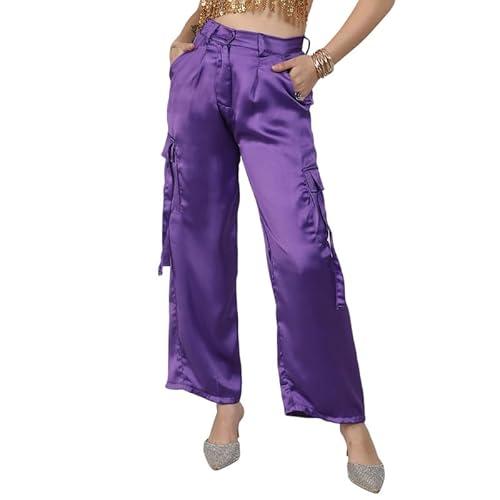 campus sutra women's violet purple boxy satin cargo pants for casual wear | high-rise | 4 pockets | button closure | cargo pants crafted with comfort fit for everyday wear