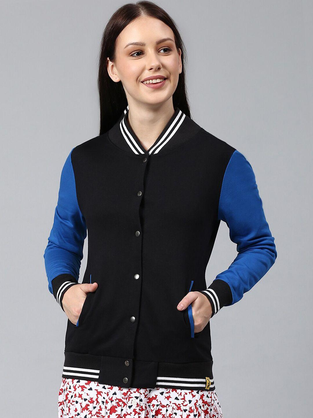 campus sutra women black & blue colourblocked varsity jacket