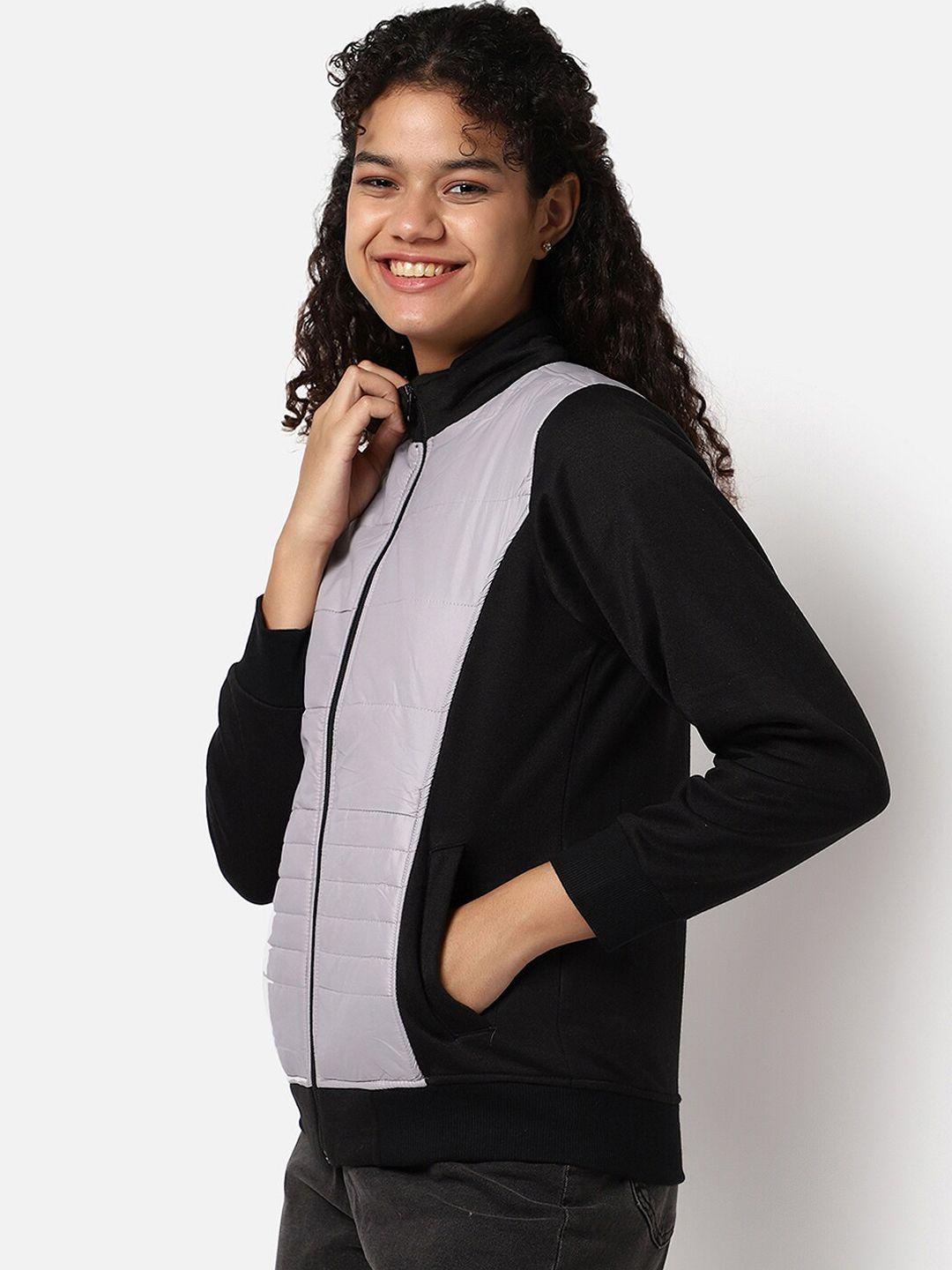 campus sutra women black & grey windcheater outdoor bomber jacket