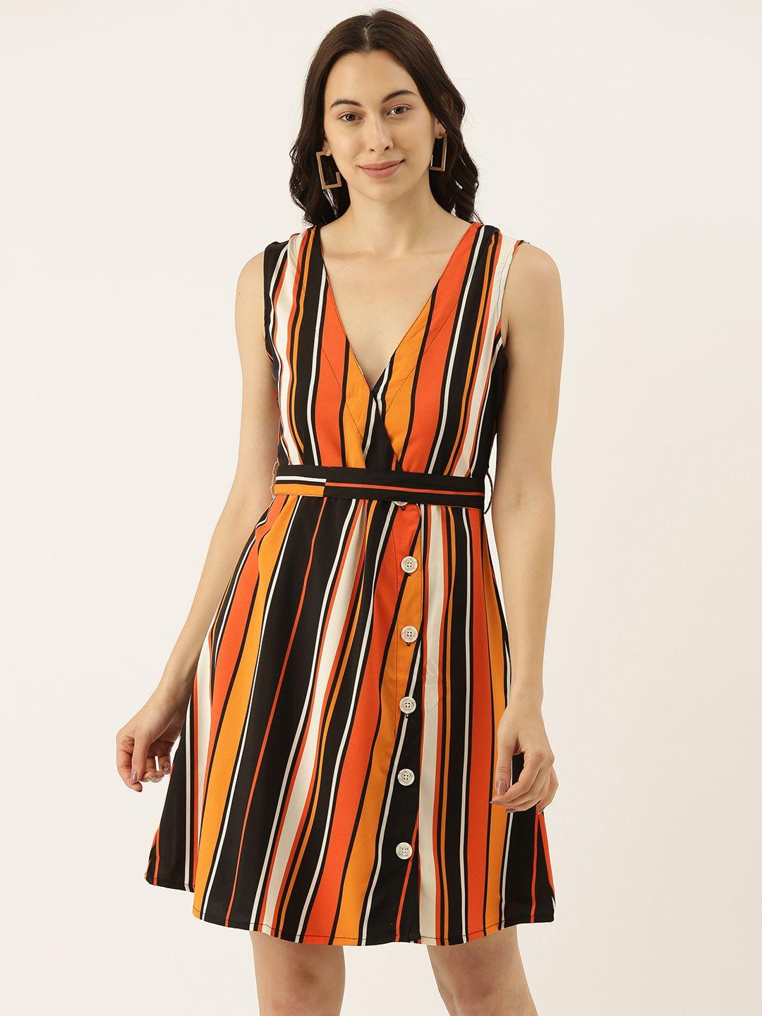 campus sutra women black & mustard yellow striped wrap dress