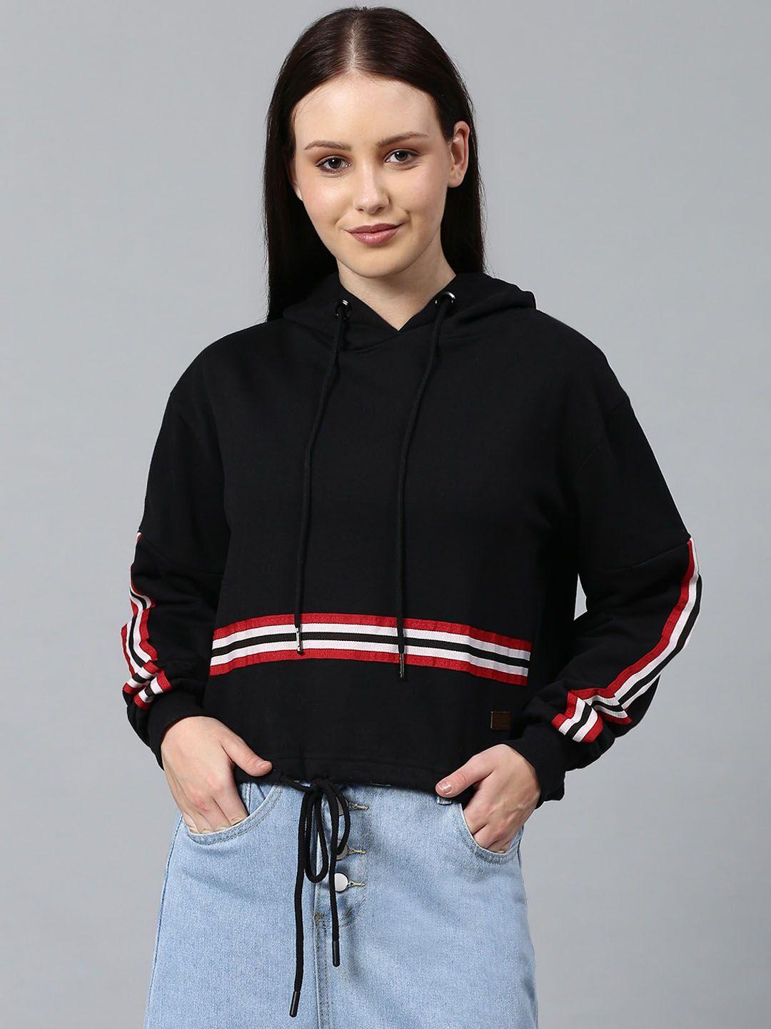 campus sutra women black & red colourblocked hooded sweatshirt