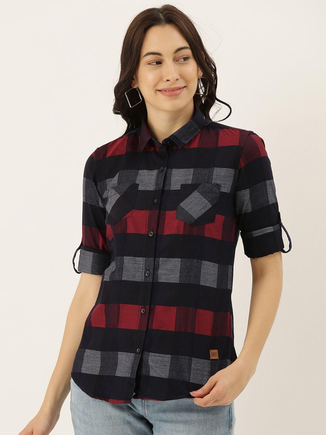 campus sutra women black & red regular fit checked casual shirt