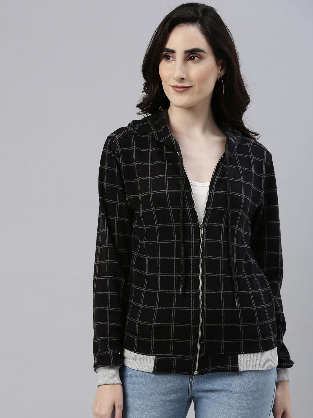 campus sutra women black & white checked windcheater outdoor sporty jacket