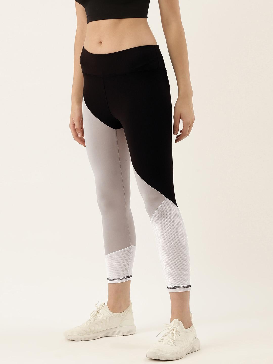 campus sutra women black & white colourblocked training cropped tights