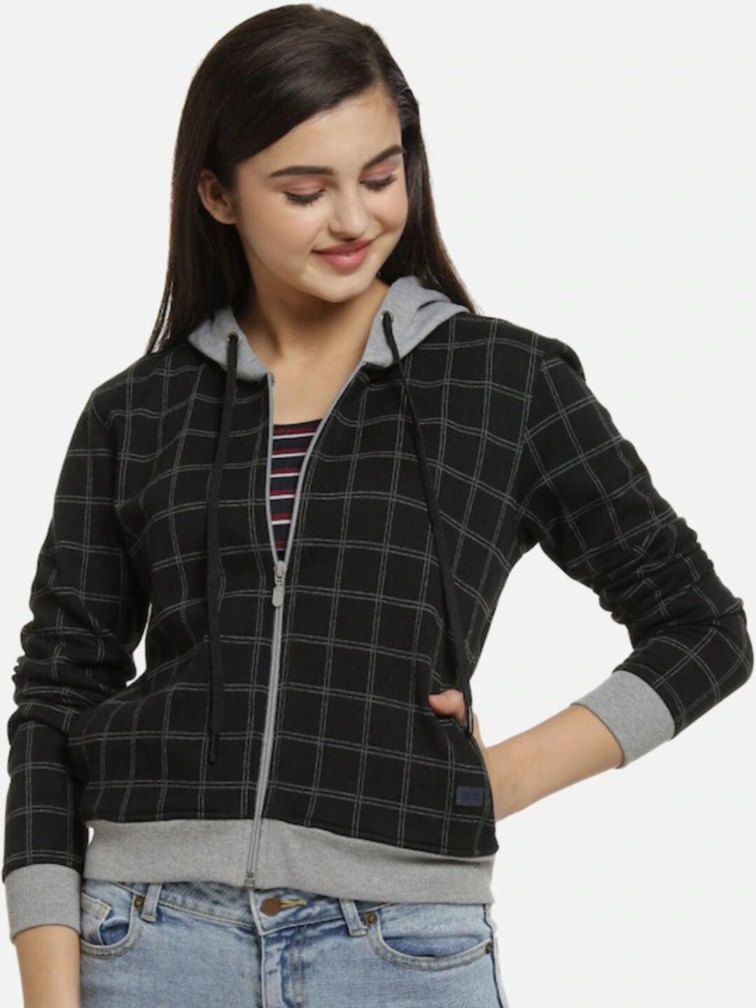 campus sutra women black checked windcheater crop outdoor bomber jacket