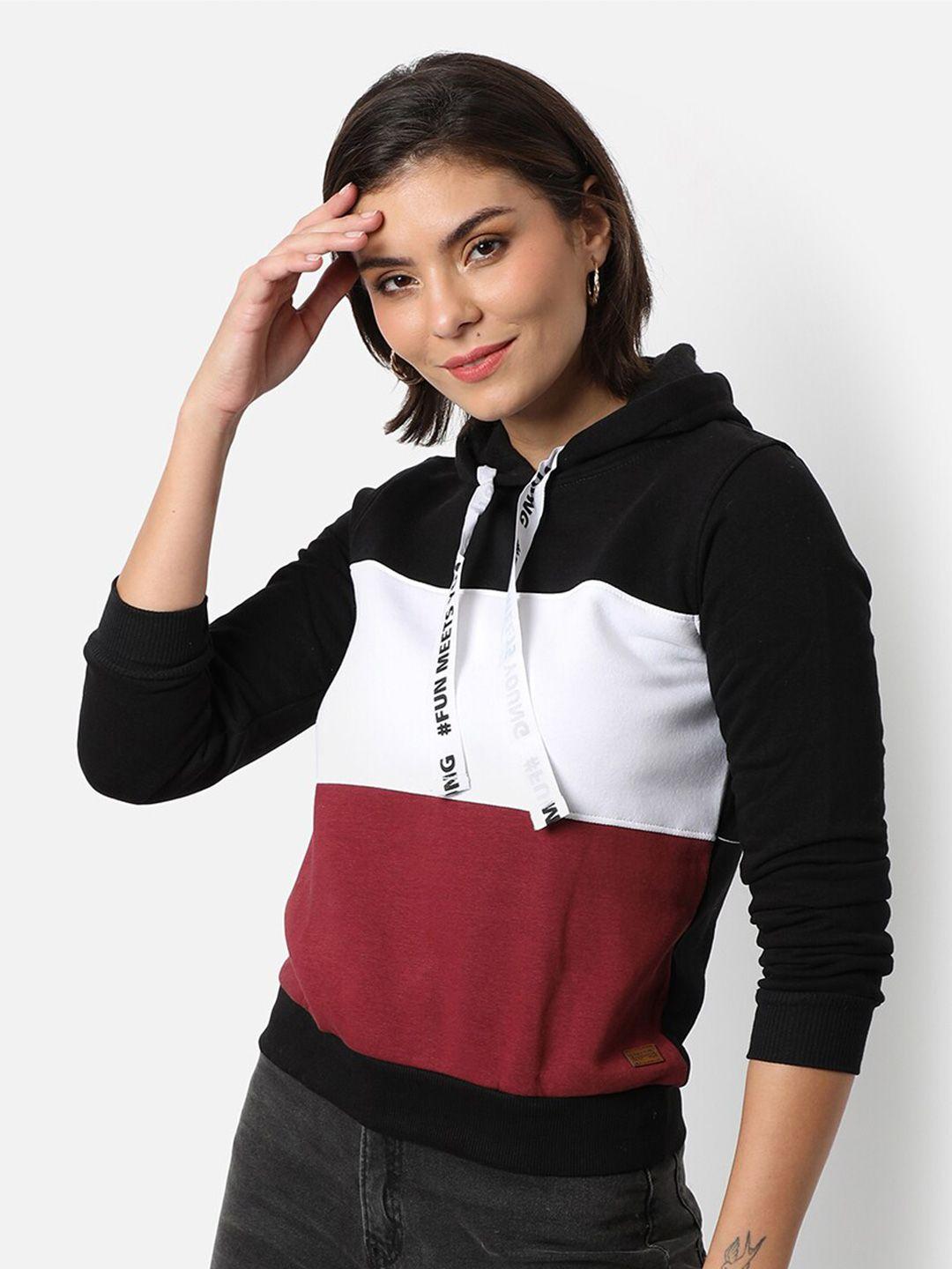 campus sutra women black colourblocked hooded sweatshirt