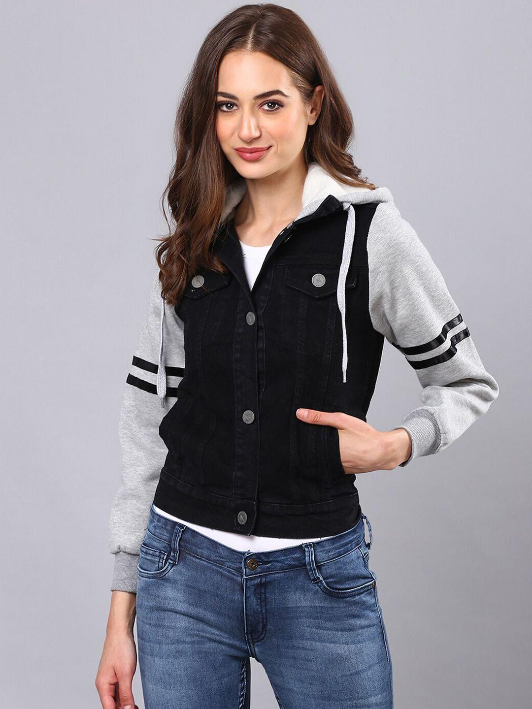 campus sutra women black grey colourblocked windcheater denim jacket