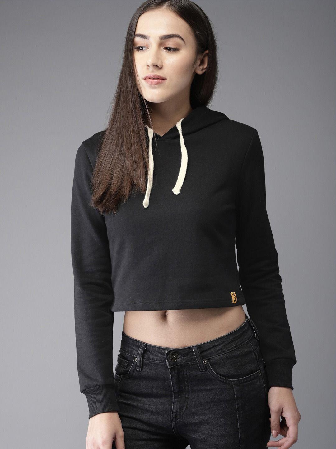 campus sutra women black hooded crop sweatshirt