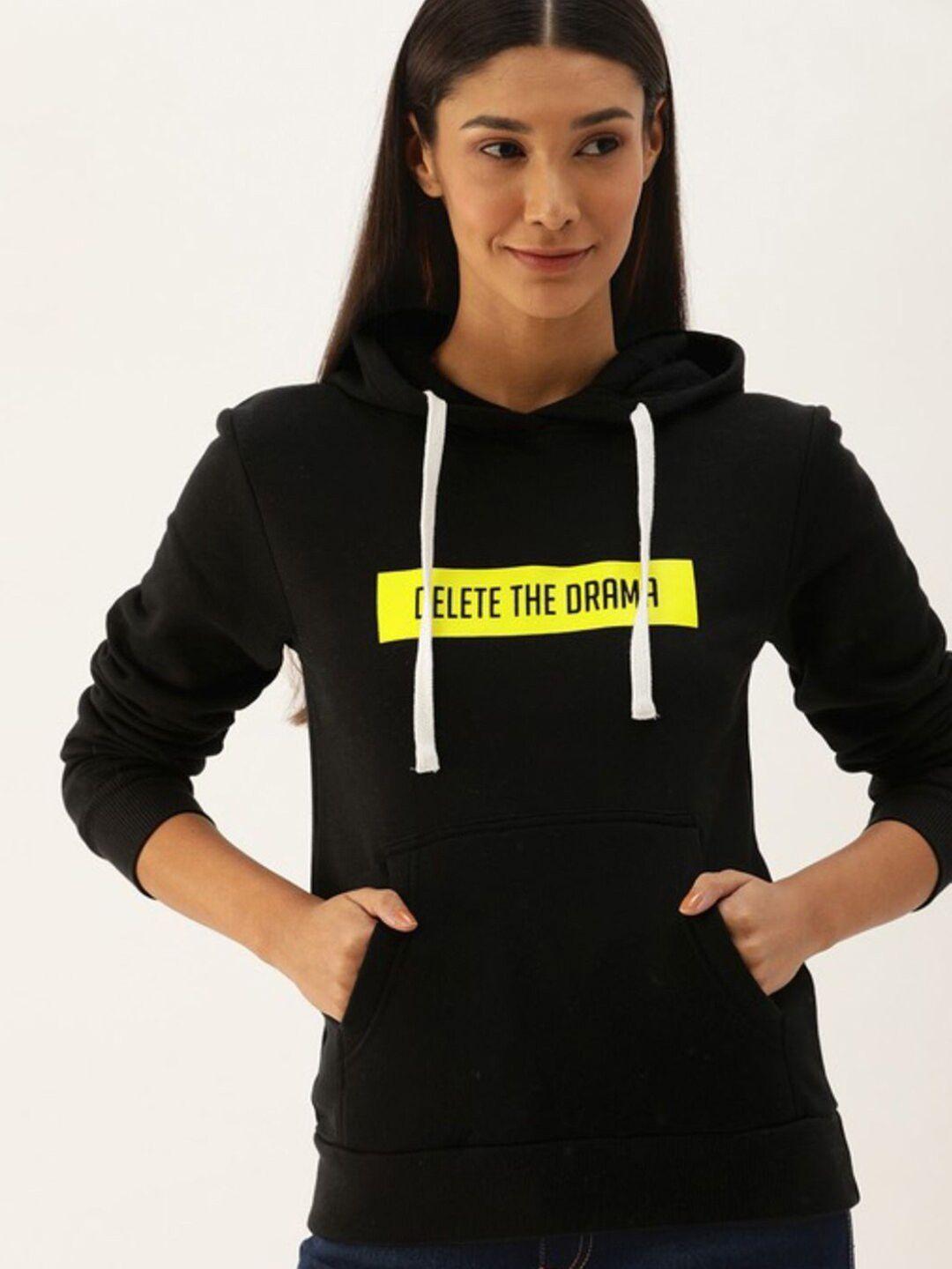 campus sutra women black printed hooded casual sweatshirt