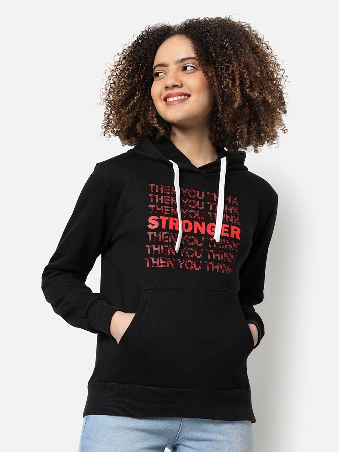 campus sutra women black printed hooded sweatshirt