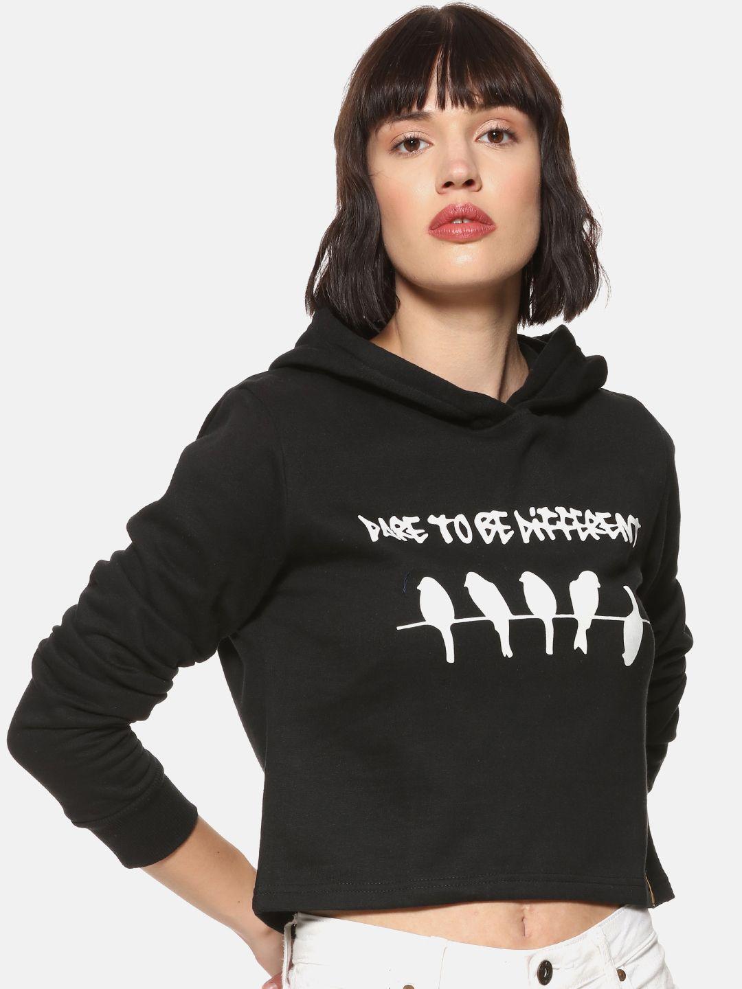 campus sutra women black printed hooded sweatshirt