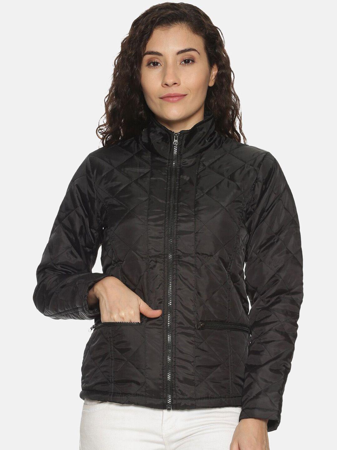 campus sutra women black printed windcheater open front jacket