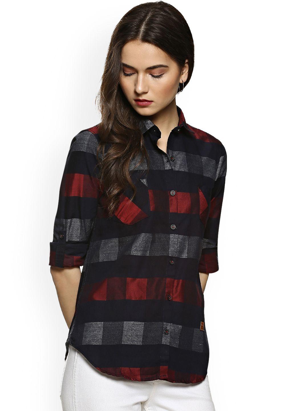 campus sutra women black regular fit checked casual shirt