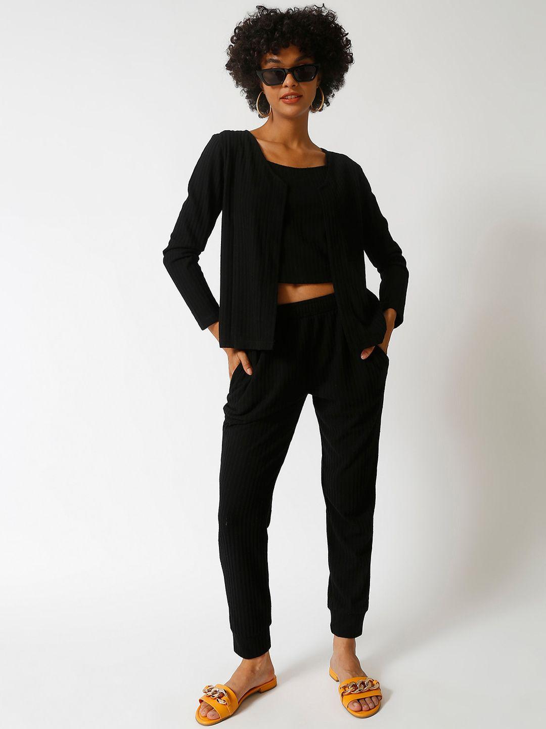 campus sutra women black solid 3-piece co-ords set