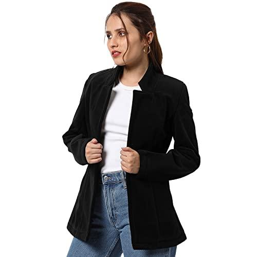 campus sutra women black solid regular fit blazer for winter wear | collared neck | full sleeve | buttoned | casual jacket for woman & girl | western stylish jacket for women