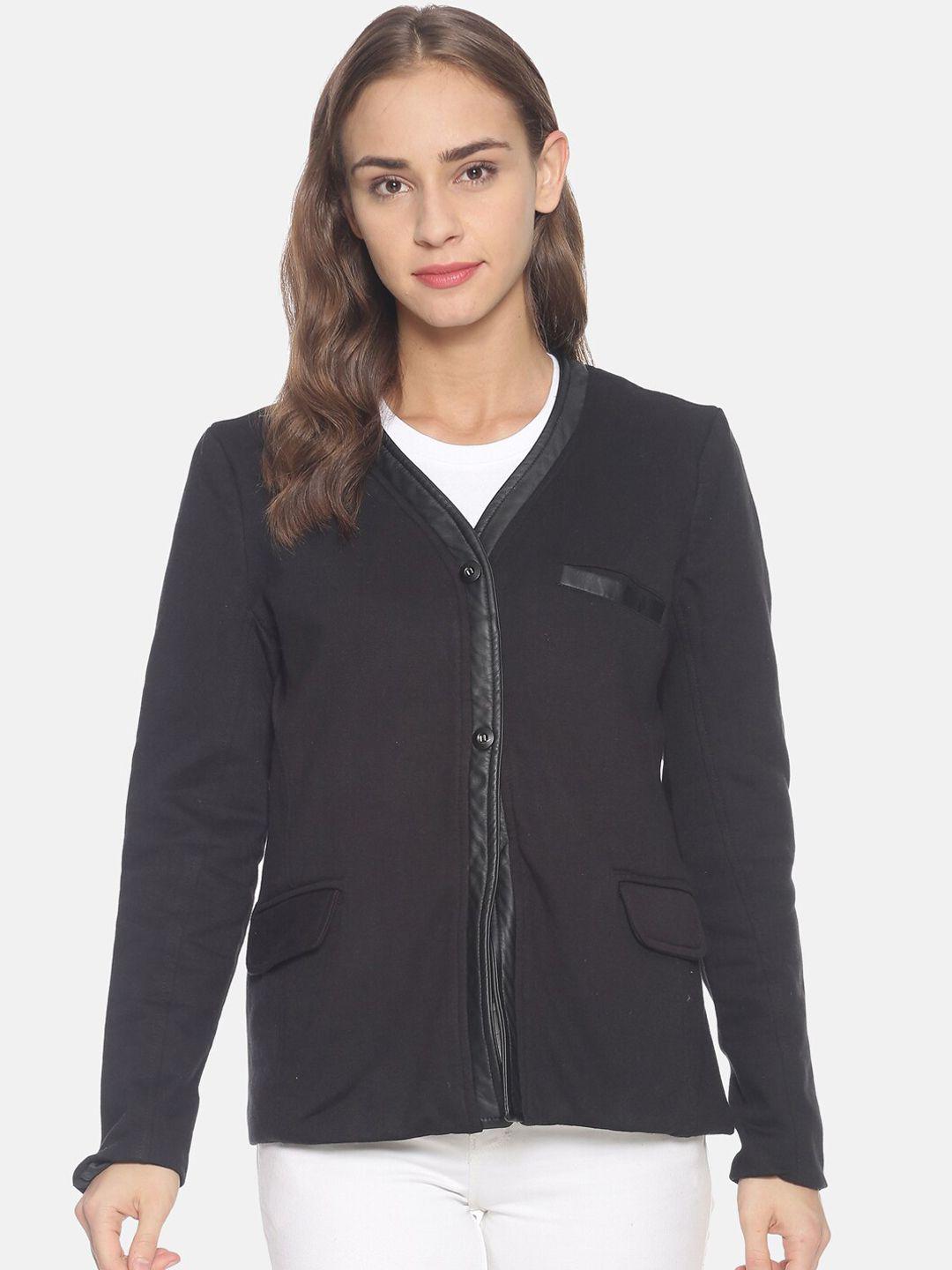 campus sutra women black solid windcheater padded jacket