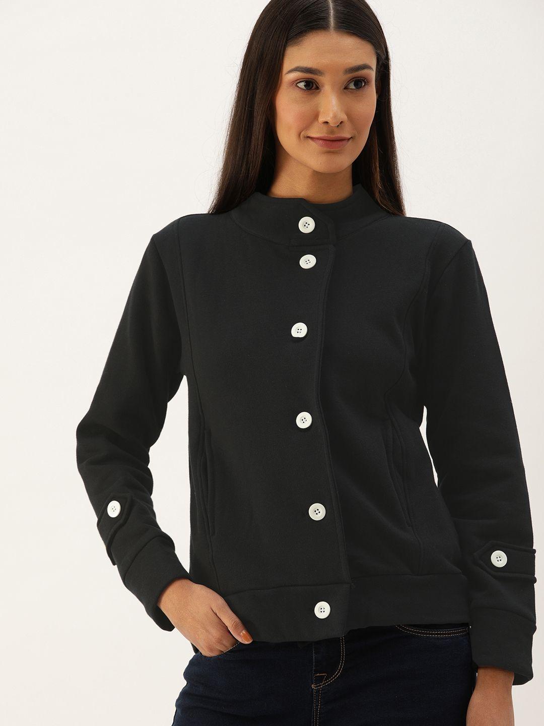 campus sutra women black solid windcheater tailored jacket