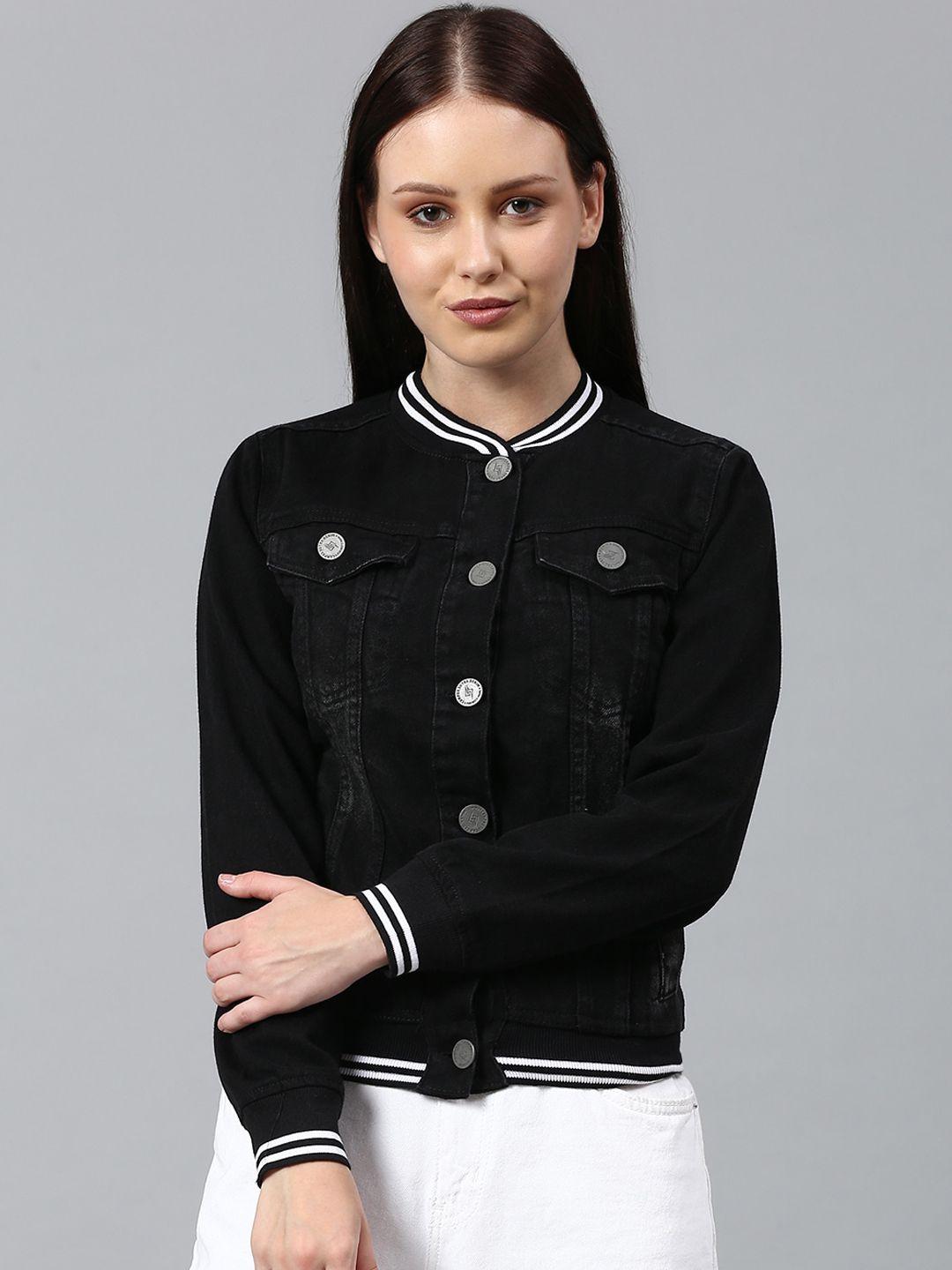 campus sutra women black washed striped windcheater crop outdoor denim jacket