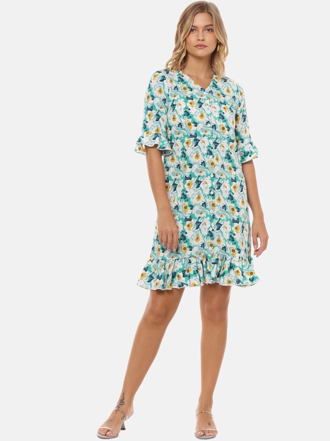 campus sutra women blue & off-white floral printed a-line dress