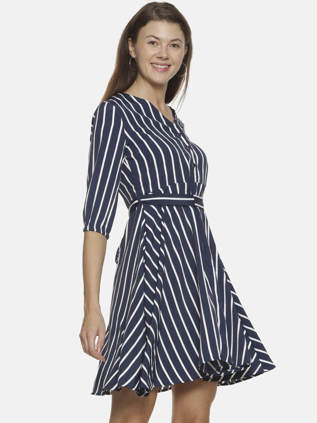 campus sutra women blue & white striped fit and flare dress