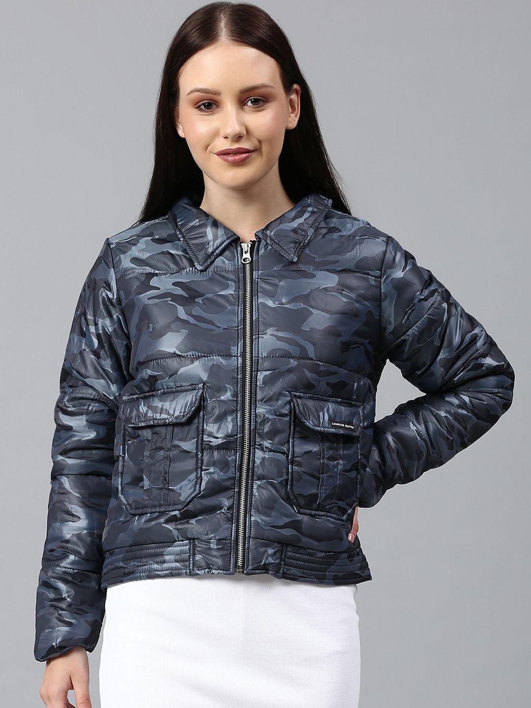 campus sutra women blue camouflage windcheater outdoor puffer jacket