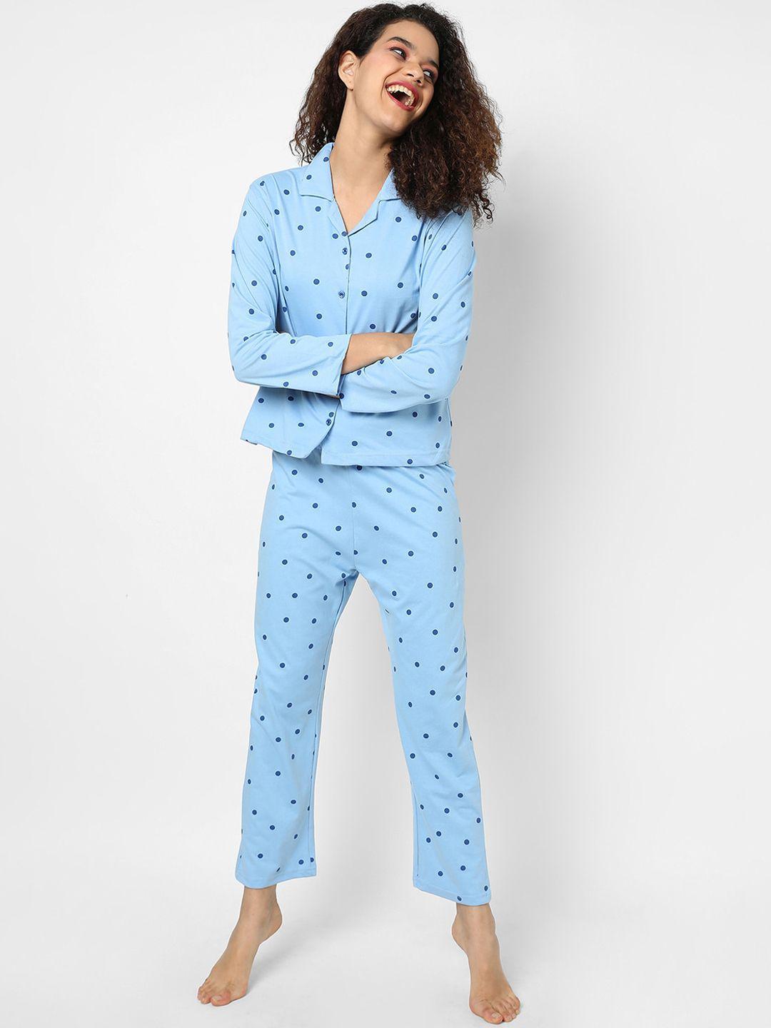 campus sutra women blue polka dot printed cotton night suit